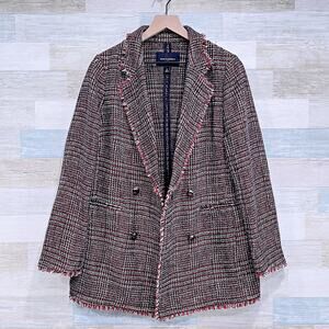 Banana Republic Boucle Long Jacket Black Red Fringe Trim Open Front Womens 10
